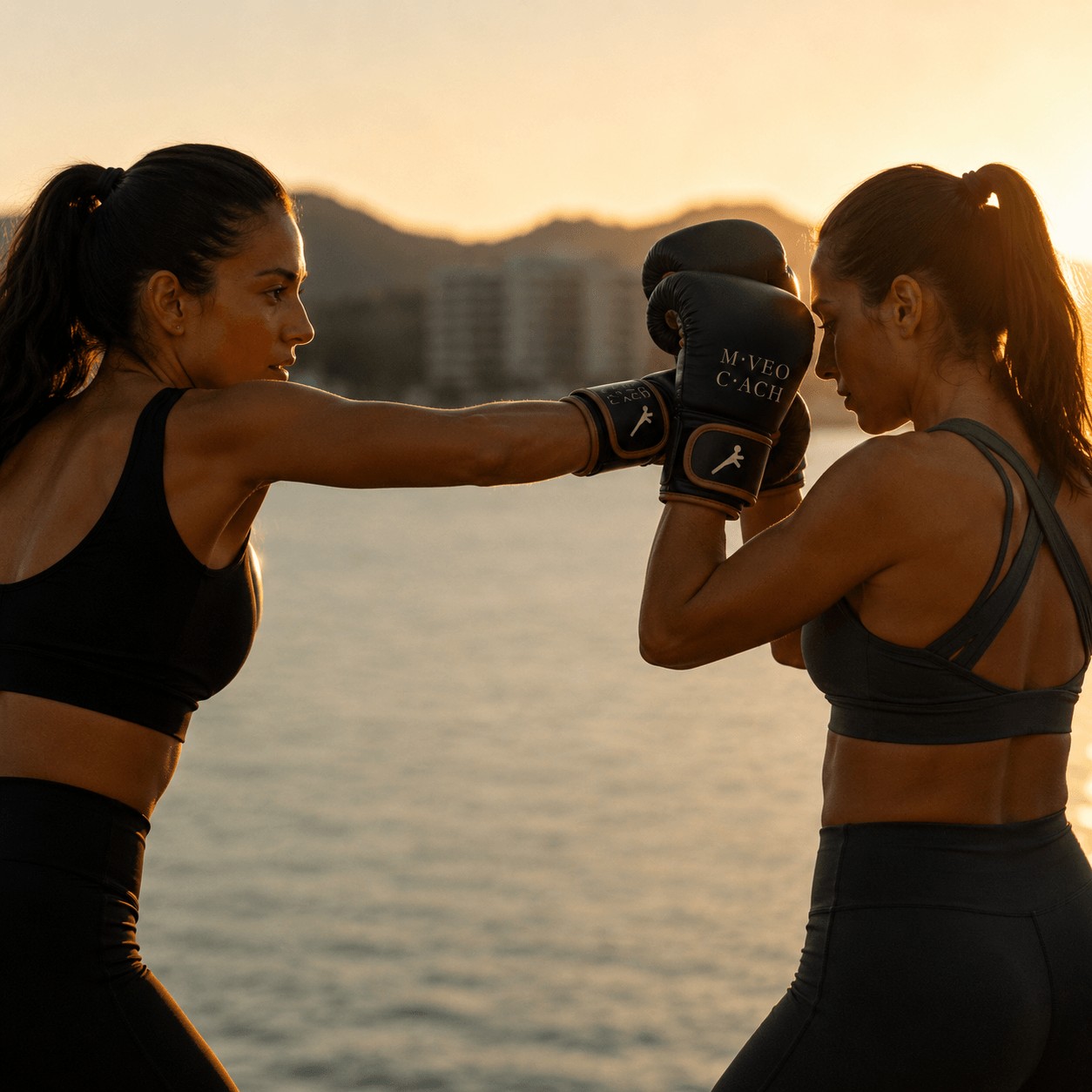 Entrenadora personal en Ibiza durante una sesión de boxeo al aire libre junto al mar con guantes MOVEO COACH