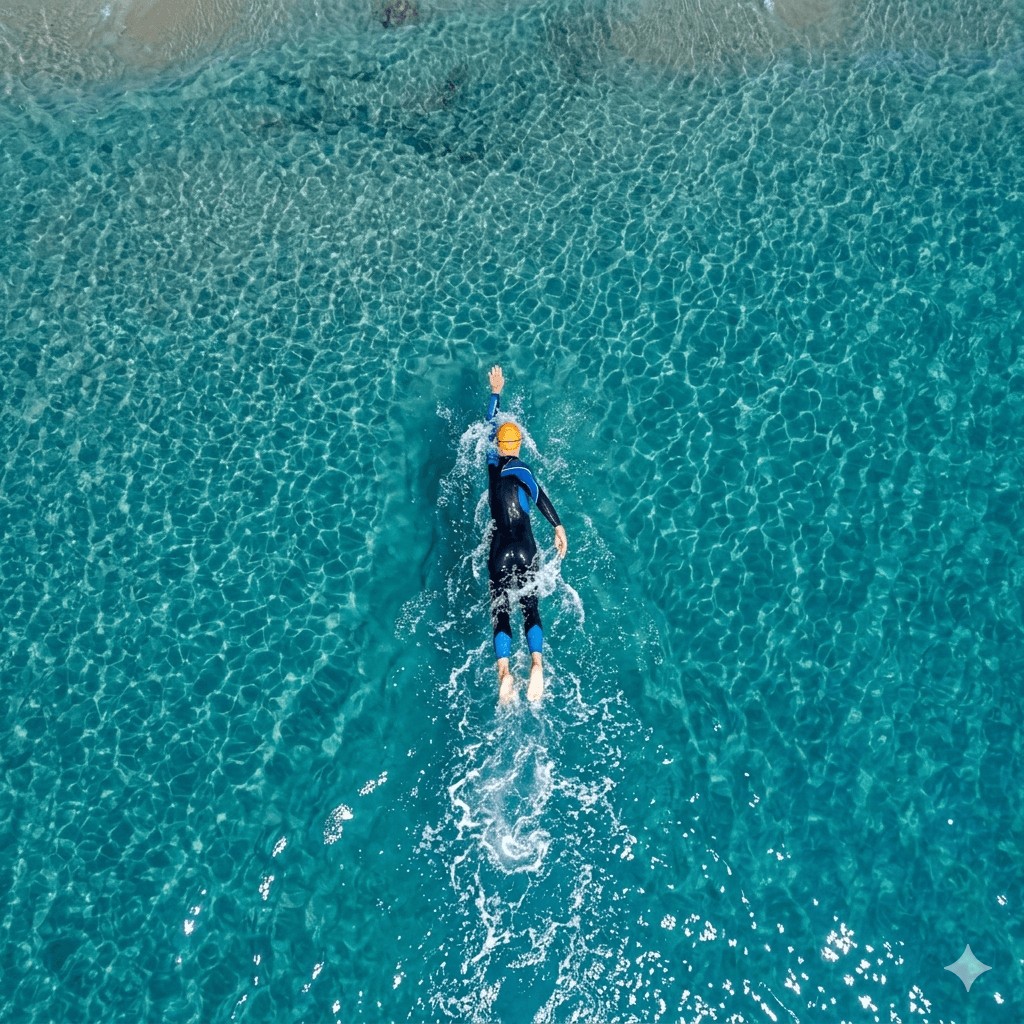 Natación en aguas abiertas en Ibiza en agua turquesa cristalina con MOVEO COACH