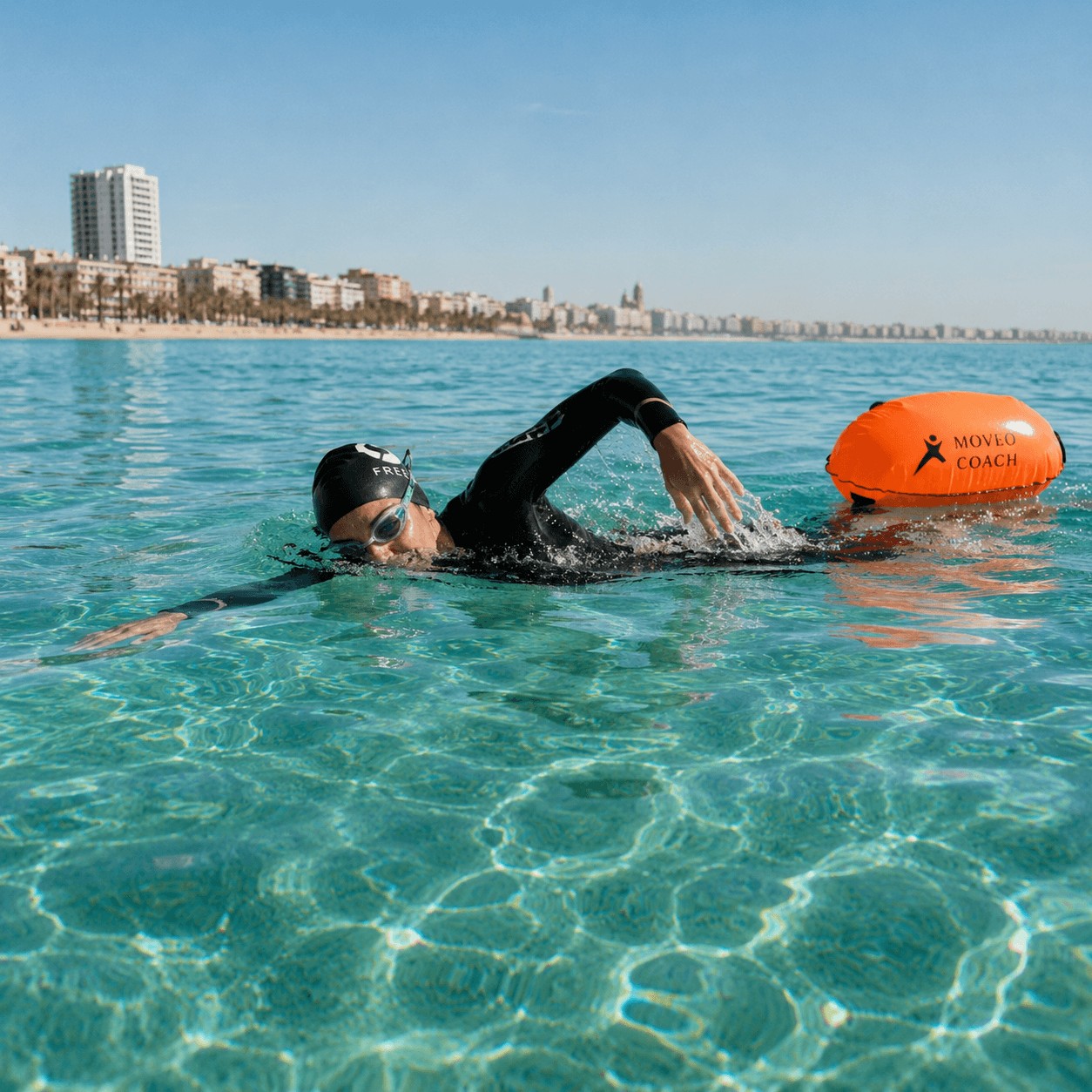 Nadadora entrenando natación en aguas abiertas en Ibiza con boya de seguridad y gorro MOVEO COACH